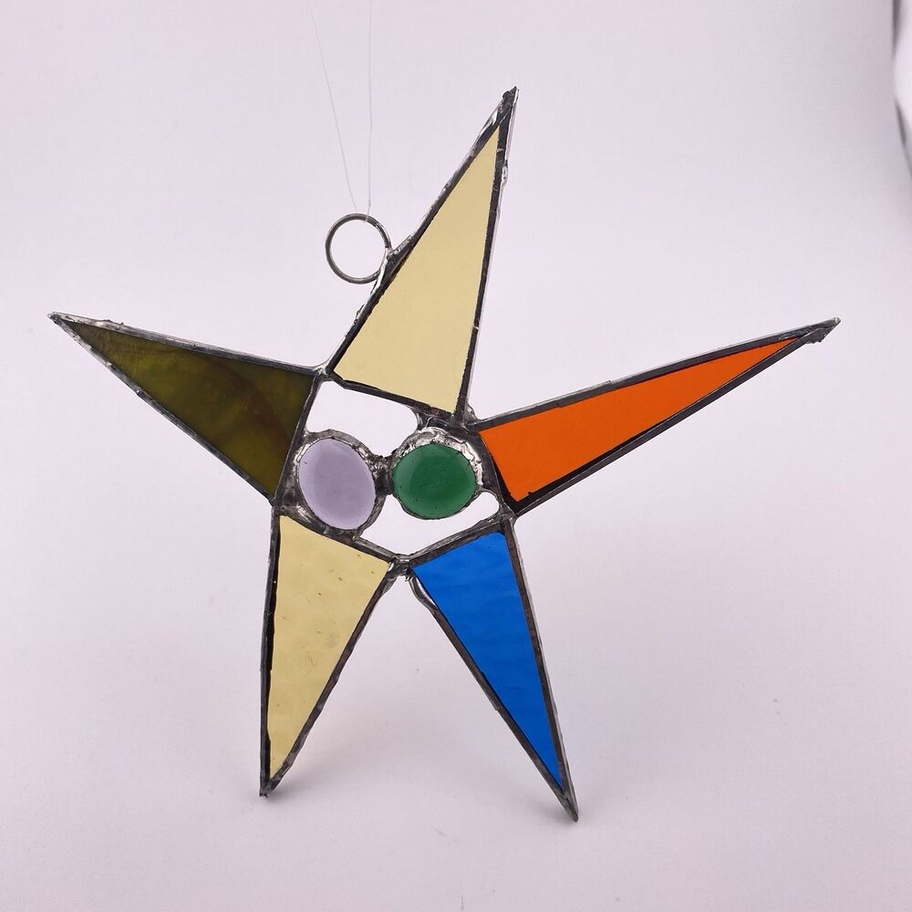 5-Point Colorful Star Shaped Stained Glass Sun Catcher Excellent Used Condition